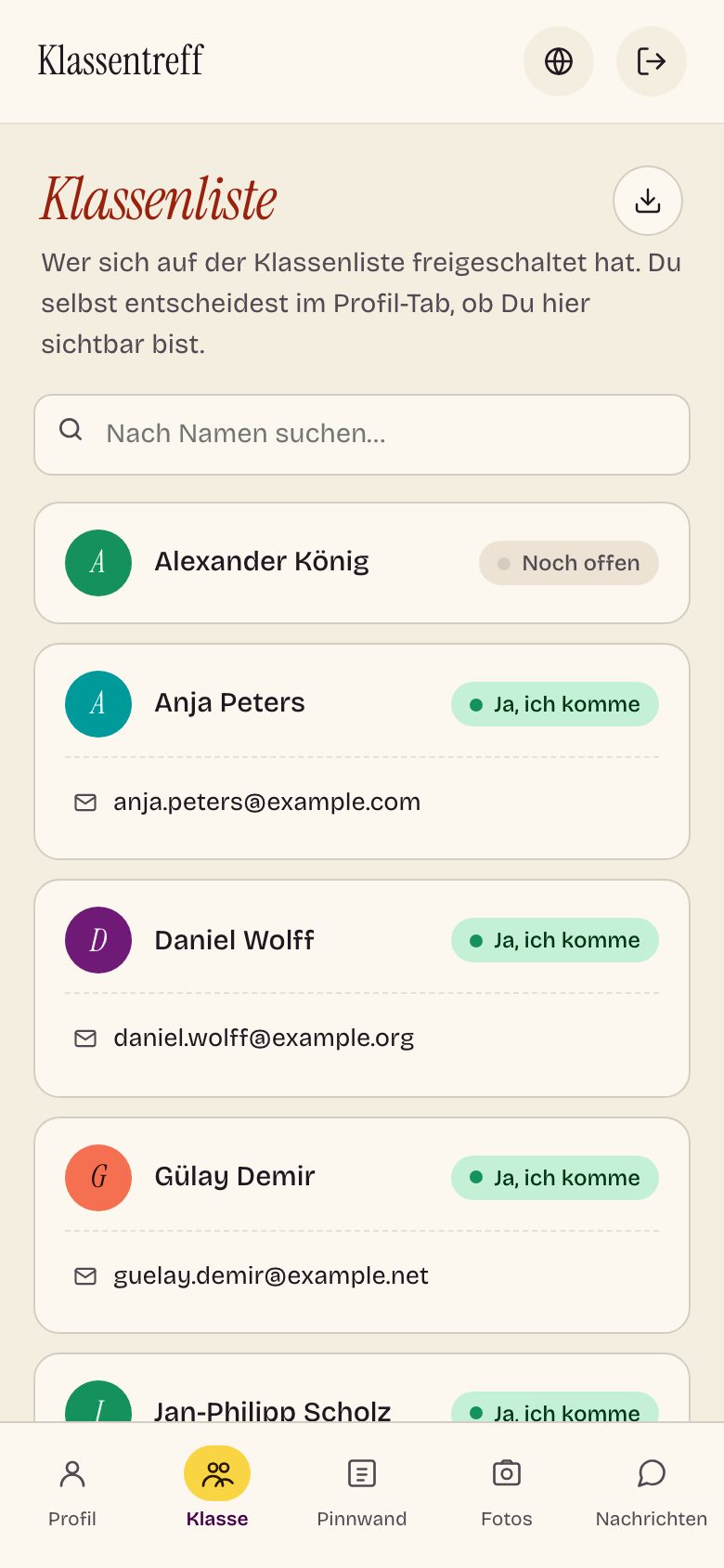 Klassenliste in der Teilnehmer-App: Namen, Zusagen und die geteilten Kontaktdaten