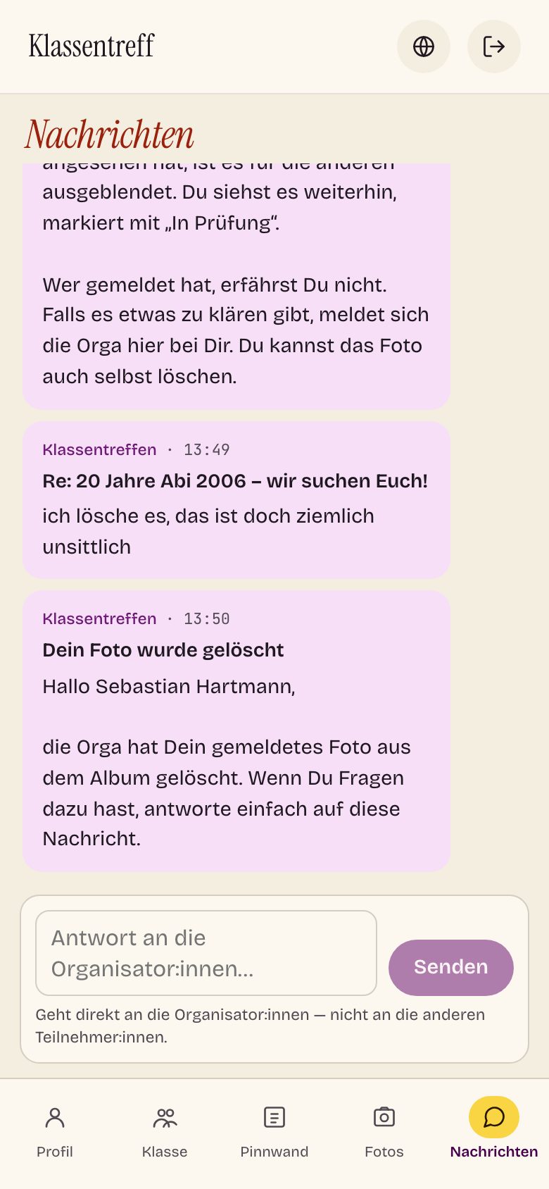 Nachrichten in der Teilnehmer-App mit Antwortfeld