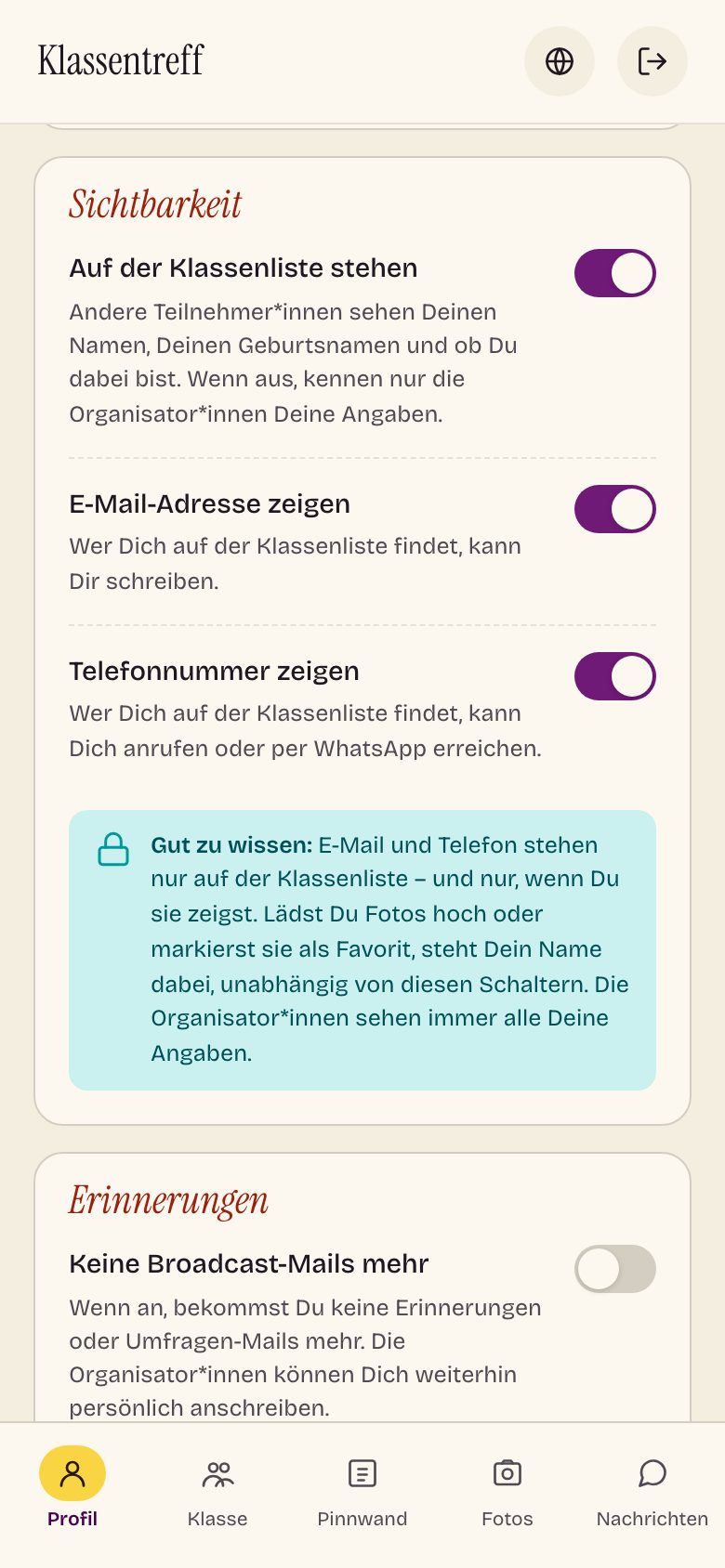 Profil in der Teilnehmer-App: Schalter für Klassenliste, E-Mail-Adresse und Telefonnummer