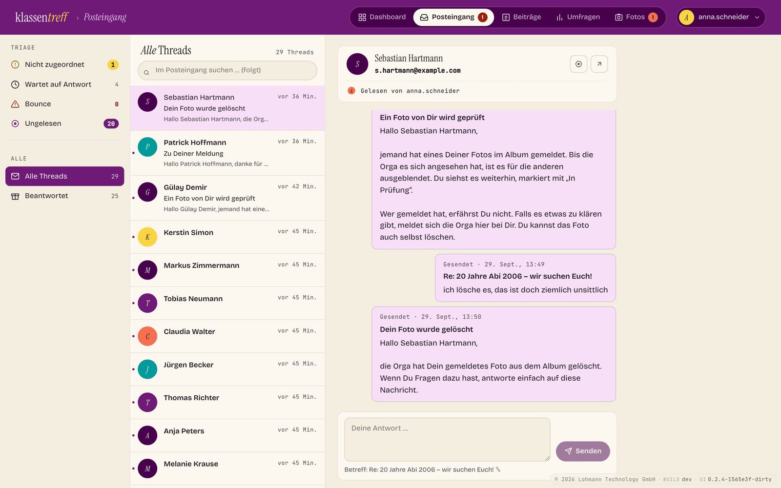 Posteingang mit Verläufen links und dem Chat mit Sebastian