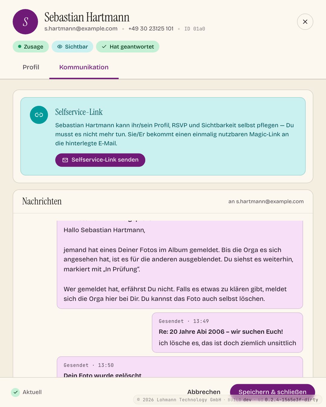 Detailansicht einer Person mit Selfservice-Link und Nachrichtenverlauf